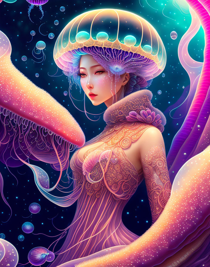 Vibrant jellyfish-inspired woman illustration with intricate patterns