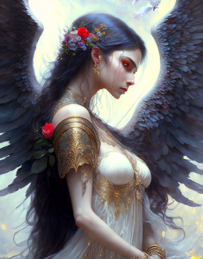 Fantasy Artwork: Female Figure with Black Wings and Floral Crown