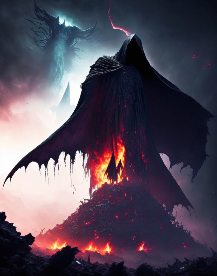 Menacing figure with outstretched wings on volcanic mound, dragon-like creature in red-tinted
