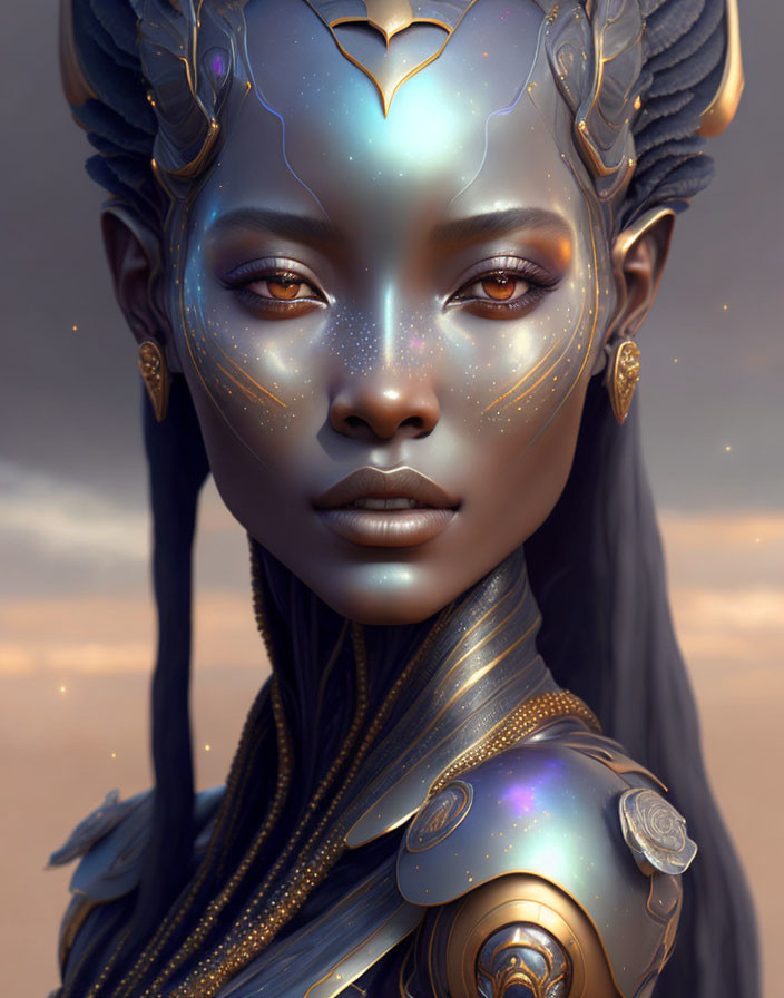 Digital artwork featuring woman with cosmic skin texture and golden facial markings in intricate armor, set against dusky