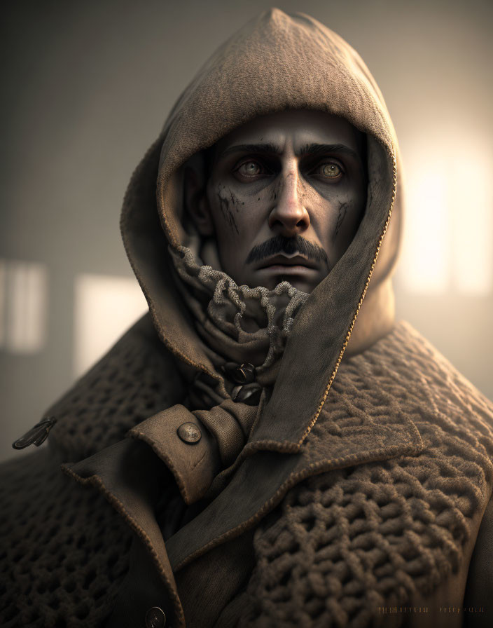 Portrait of Person with Striking Yellow Eyes and Textured Cloak
