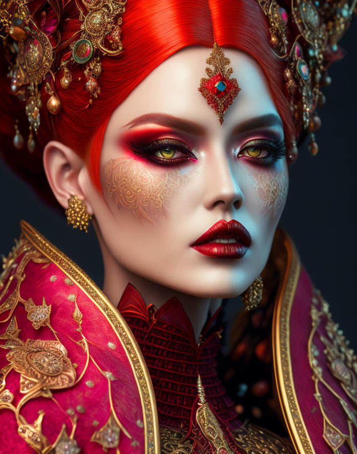 Regal woman with red hair and gold jewelry in richly decorated attire