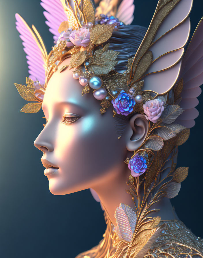 Fantastical Female Figure with Gold Headdress on Dark Background