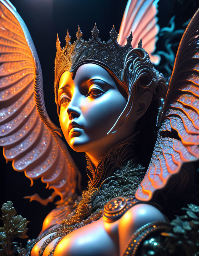 Ethereal figure with regal crown and delicate wings in warm glow