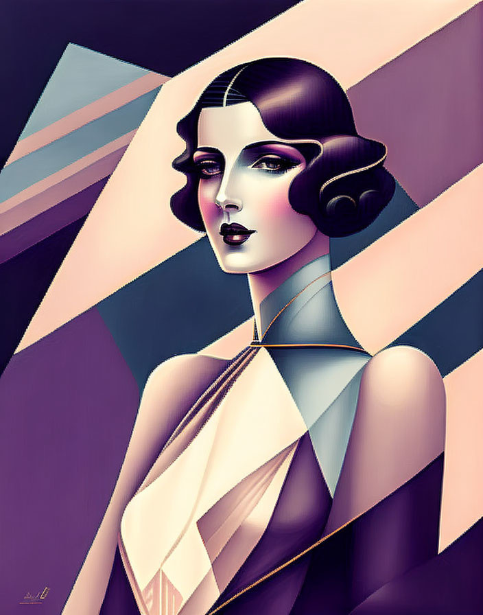 Woman with Art Deco Waves and Geometric Background in Draped Gown