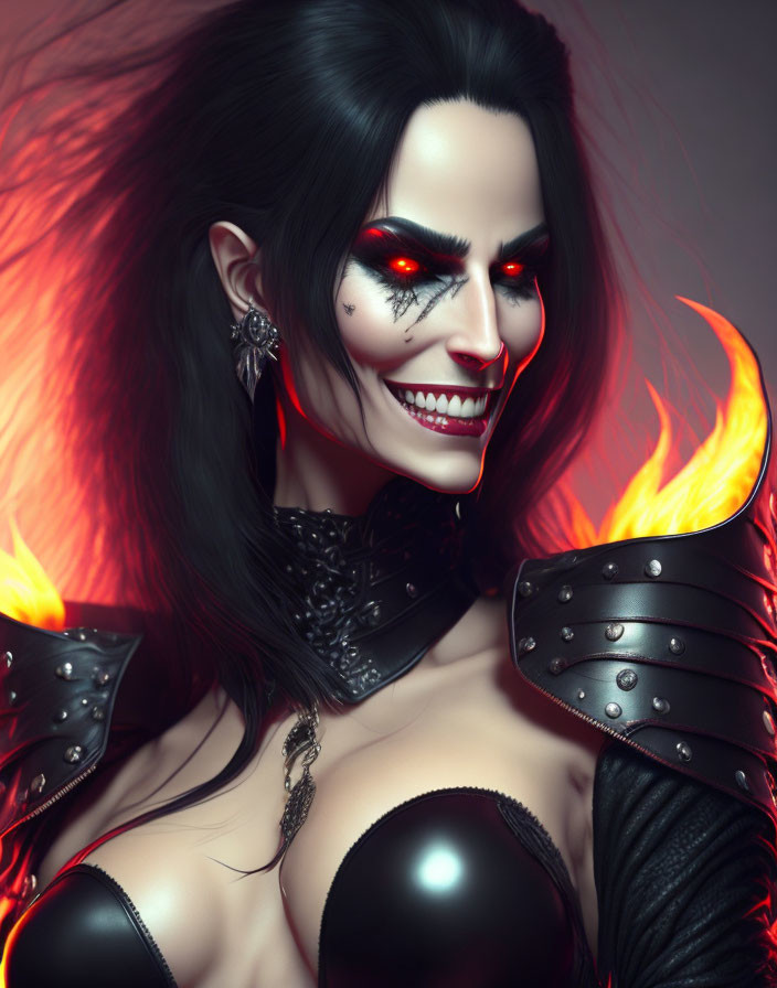 Digital artwork: Woman with red glowing eyes, vampire fangs, and demonic makeup in black armor against