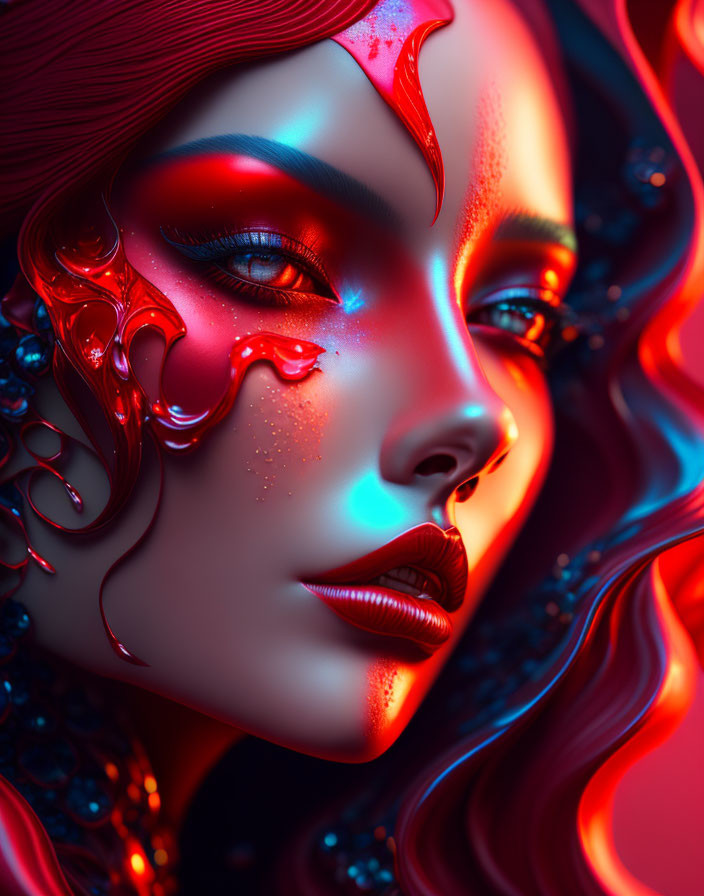 Stylized woman portrait with red and blue hues and intricate textures
