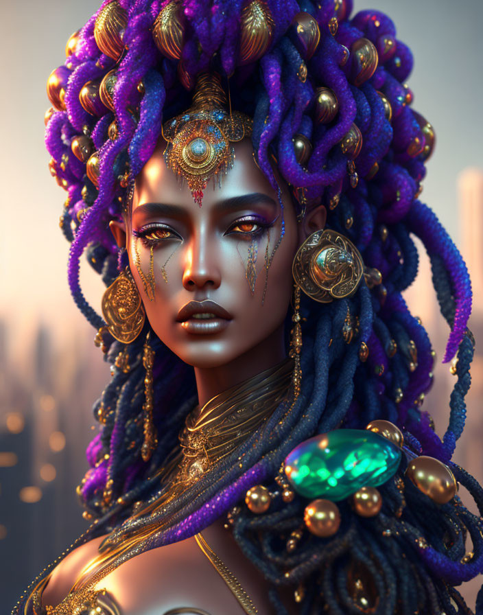 Elaborate Gold and Jewel Adorned Woman with Purple Hair in Cityscape