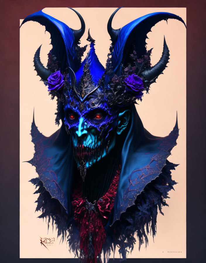 Blue-skinned creature with black horns and crown, red eyes, purple roses on warm backdrop.