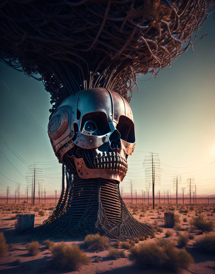 Gigantic robotic skull and tree in desert landscape at dusk