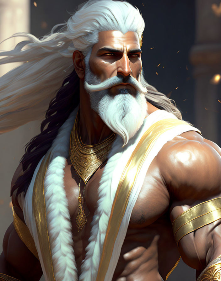 Elderly man with white hair, beard, gold jewelry in regal fantasy art