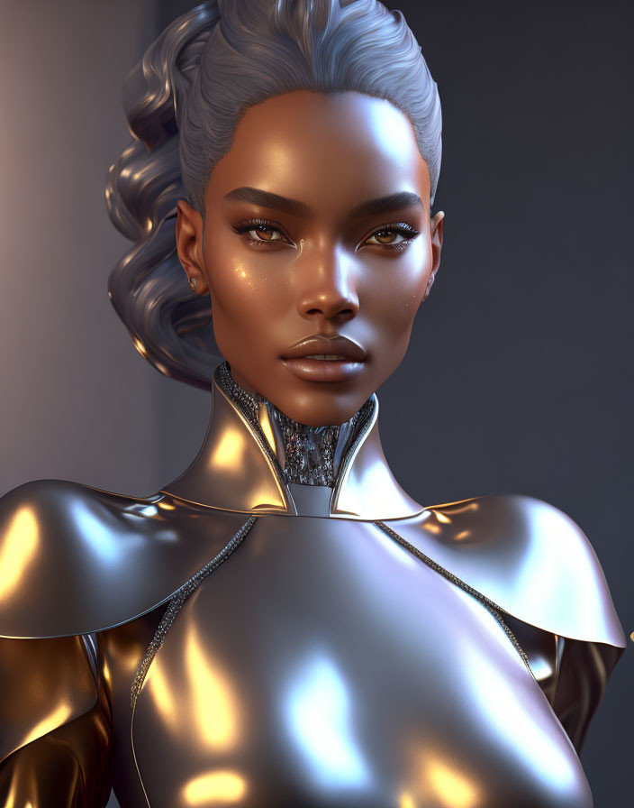 Futuristic metallic skin woman in high-collar bodysuit illustration