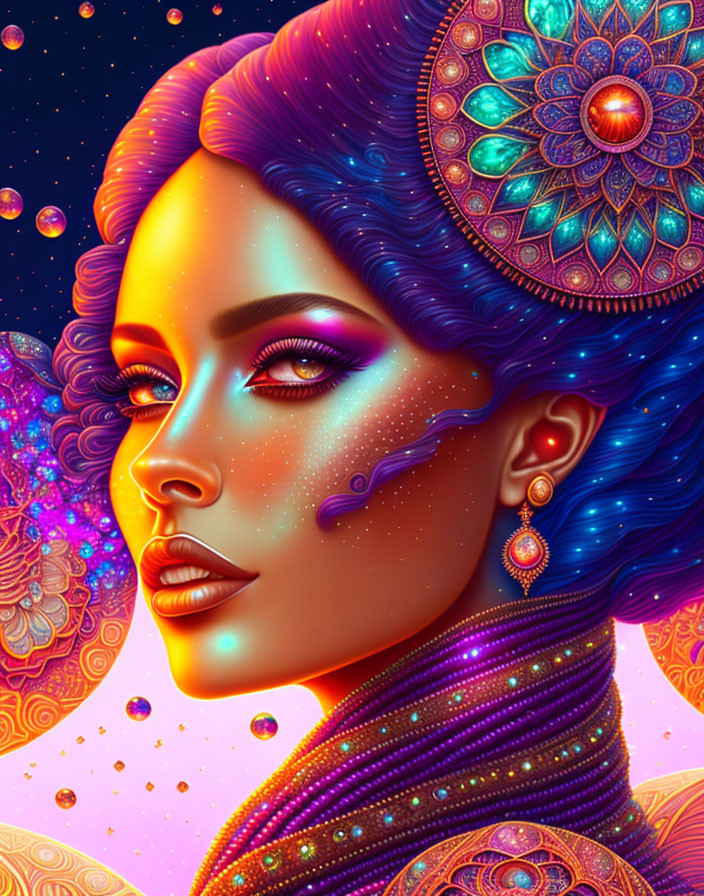Colorful portrait of stylized woman with cosmic and floral patterns in hair.
