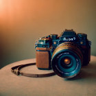 Vintage Nikon Camera with Brown Leather Grip and Large Lens Displayed on Neutral Background