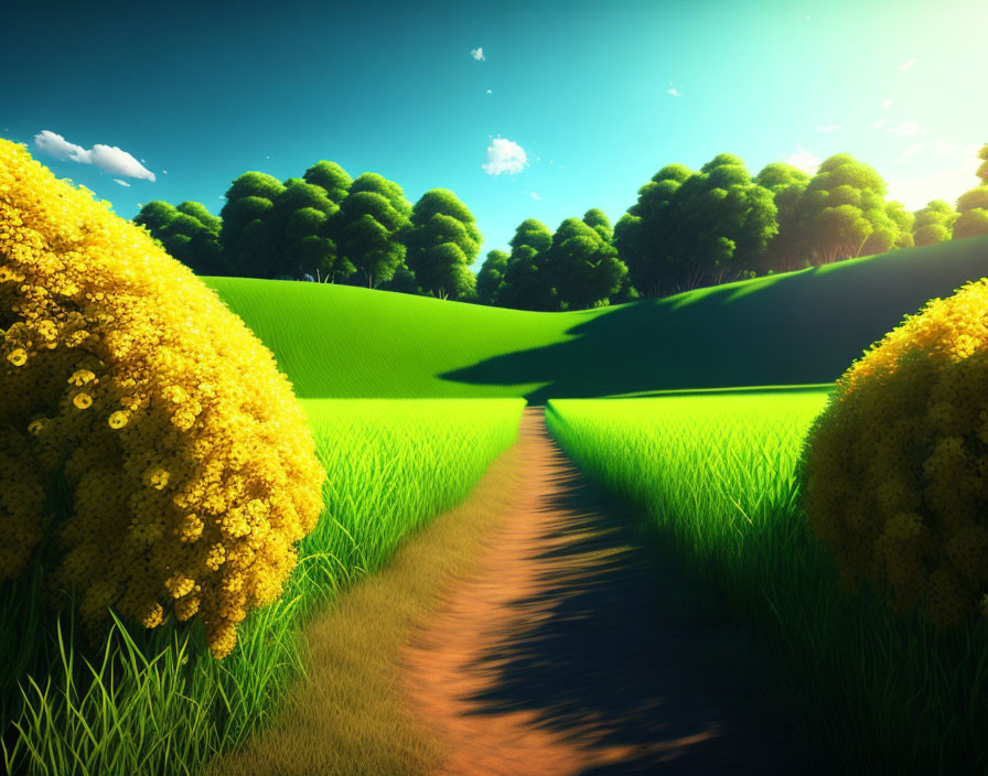 Tranquil Path through Vibrant Green Hills and Blooming Yellow Bushes
