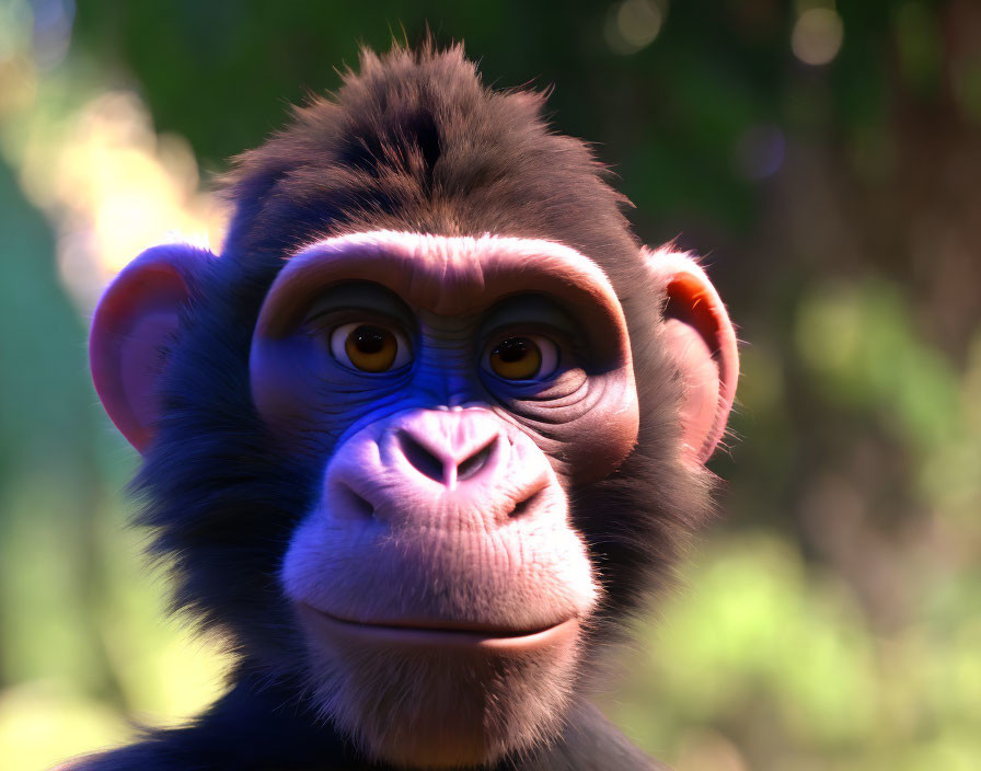 Detailed 3D animated gorilla with friendly face and fur texture on blurred natural background