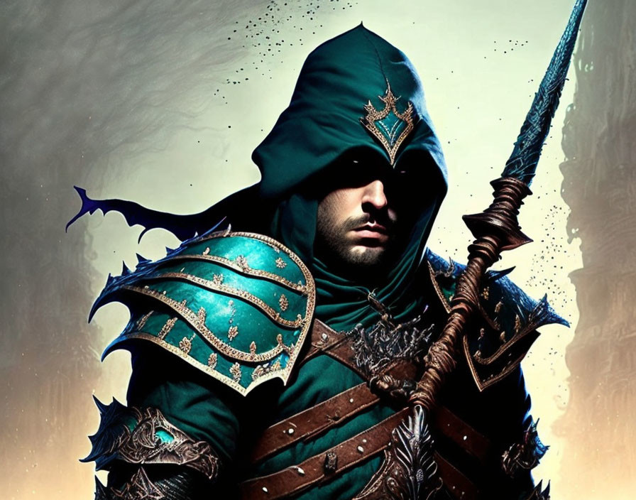 Cloaked figure in green and gold armor with spear and torn banner.