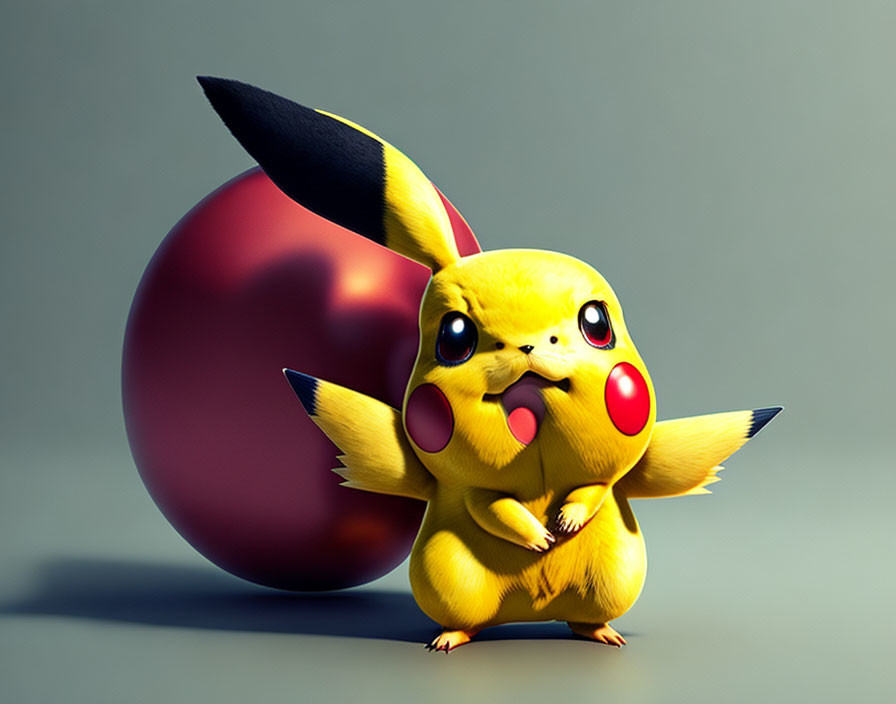 3D-rendered Pikachu with large eyes and pokeball on grey background