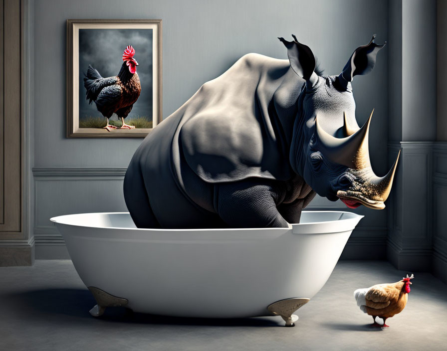 Rhinoceros in bathtub with rooster painting and live rooster