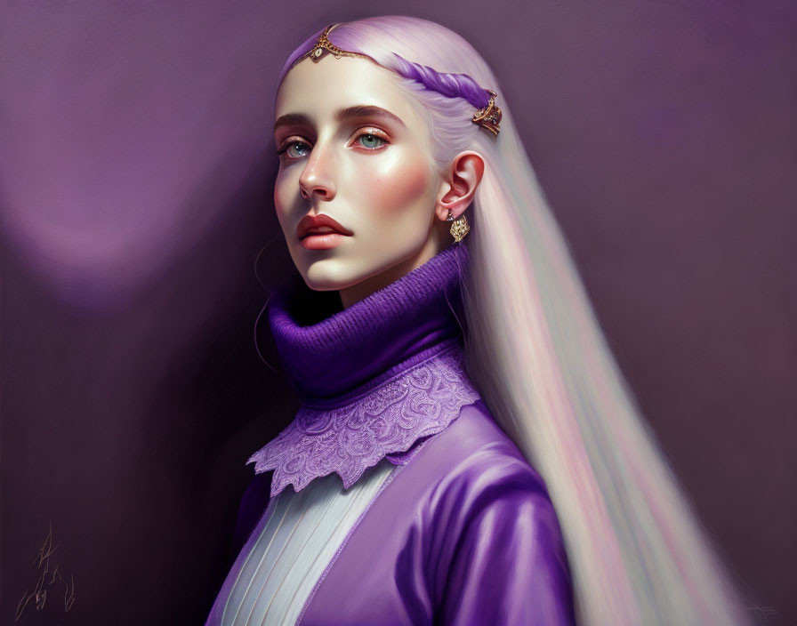 Digital painting: Woman with lavender hair, pale skin, and blue eyes in high-collared purple