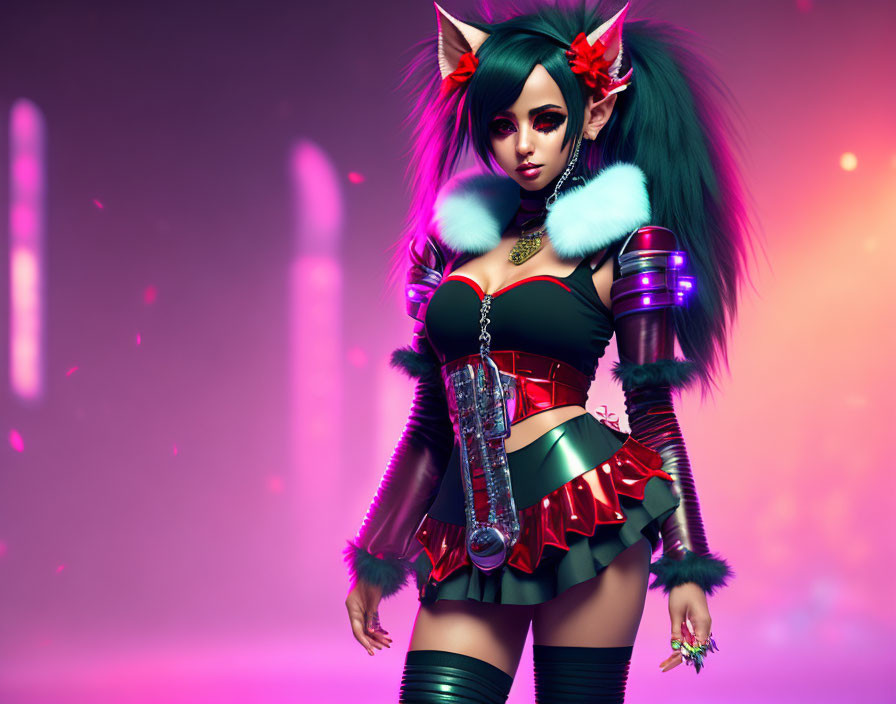 Elf-eared character with teal hair in black and red outfit and futuristic accessories.