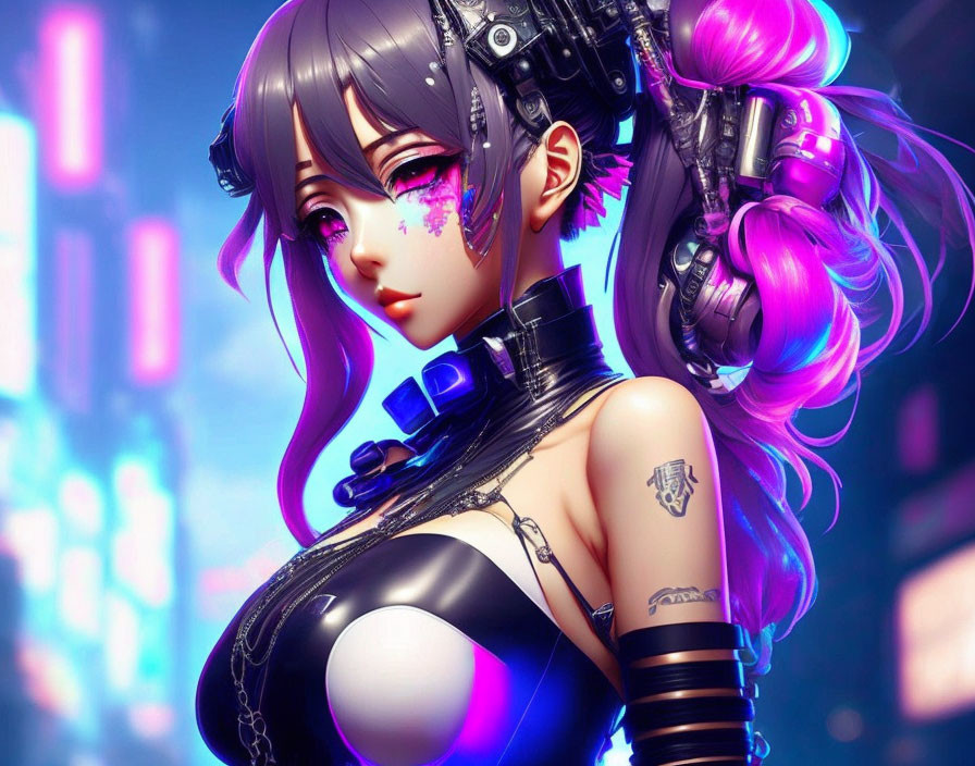 Purple-haired anime-style character with cybernetic enhancements in futuristic cityscape