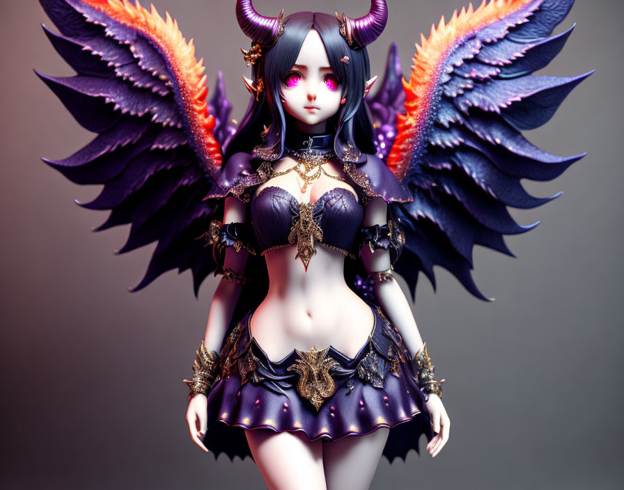 Dark-winged female character in fantasy armor attire: 3D illustration