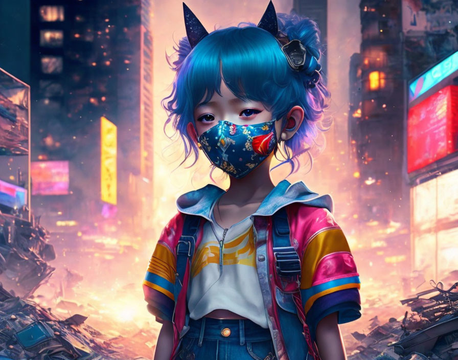 Digital Artwork of Girl with Blue Hair & Cat Ears in Colorful Outfit Against Futuristic