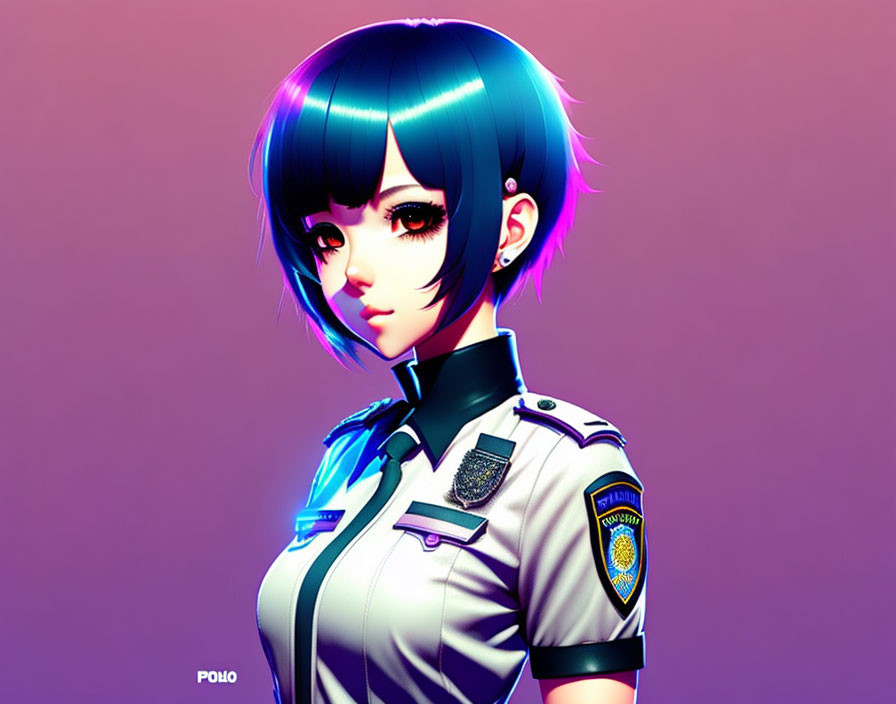Stylized Female Character with Blue Hair and Red Eyes in Police-Style Uniform on Pink and Purple