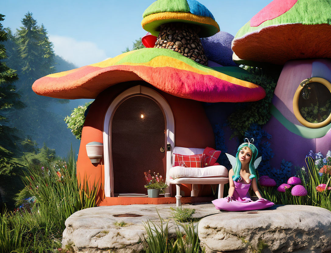 Whimsical Mushroom House in Colorful Fairy-Tale Setting