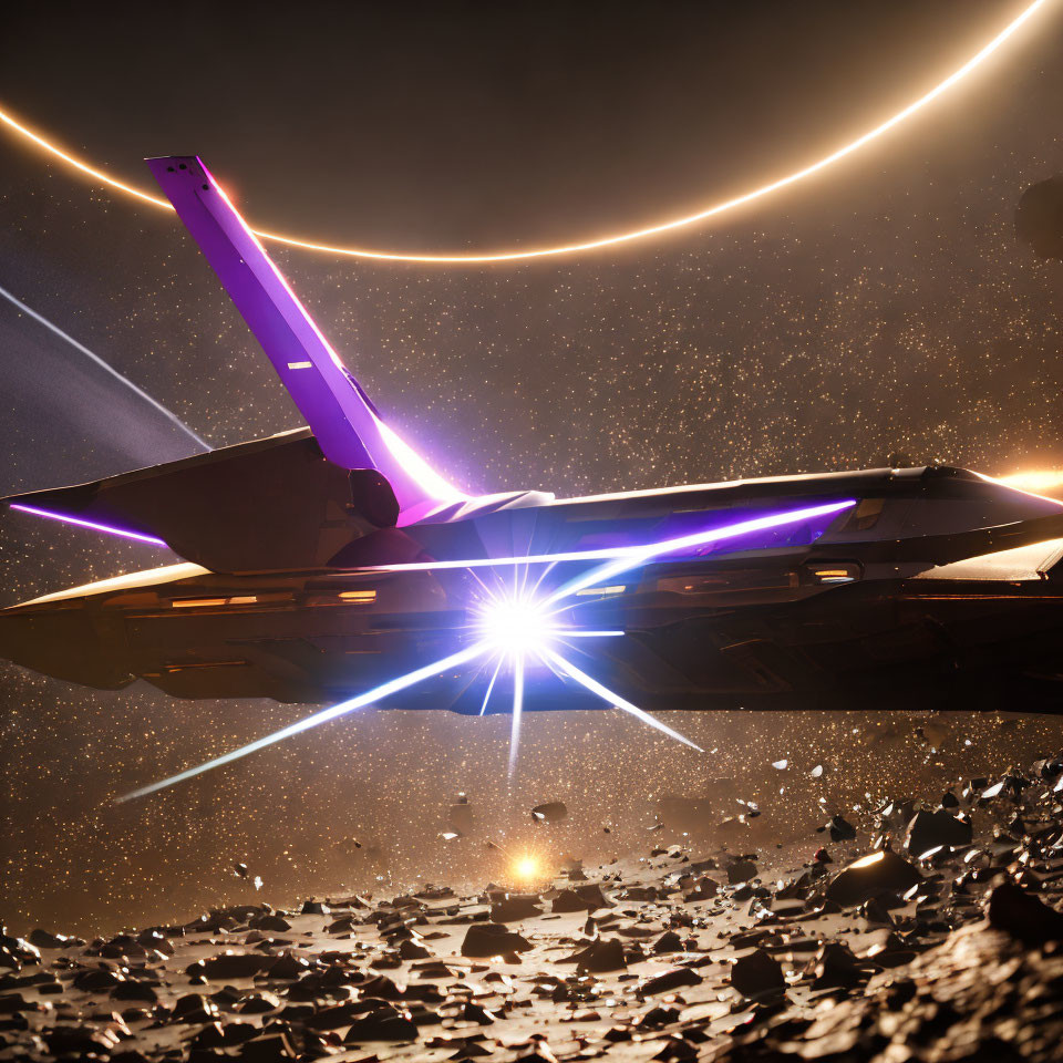 Spaceship with glowing purple and blue engines in asteroid field with golden ringed planet