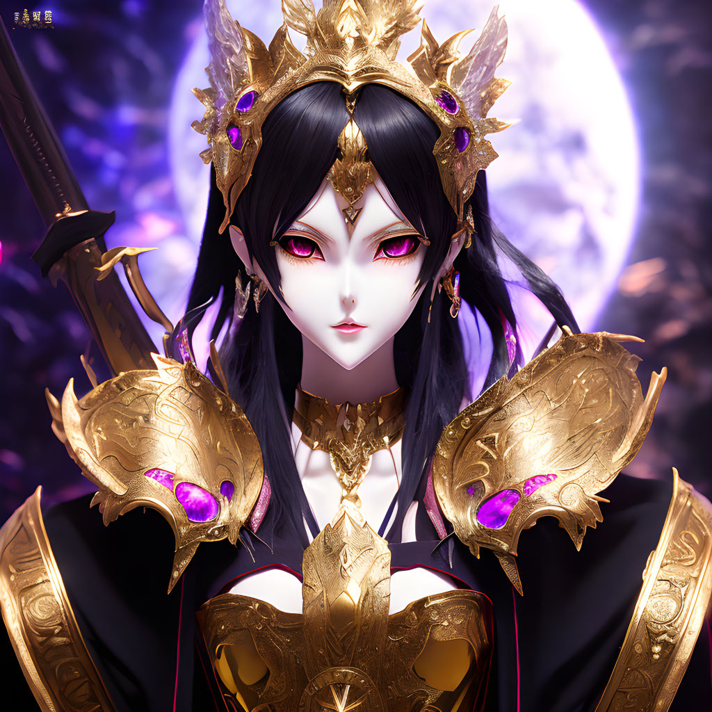 Regal Female Figure in Golden Armor with Purple Eyes