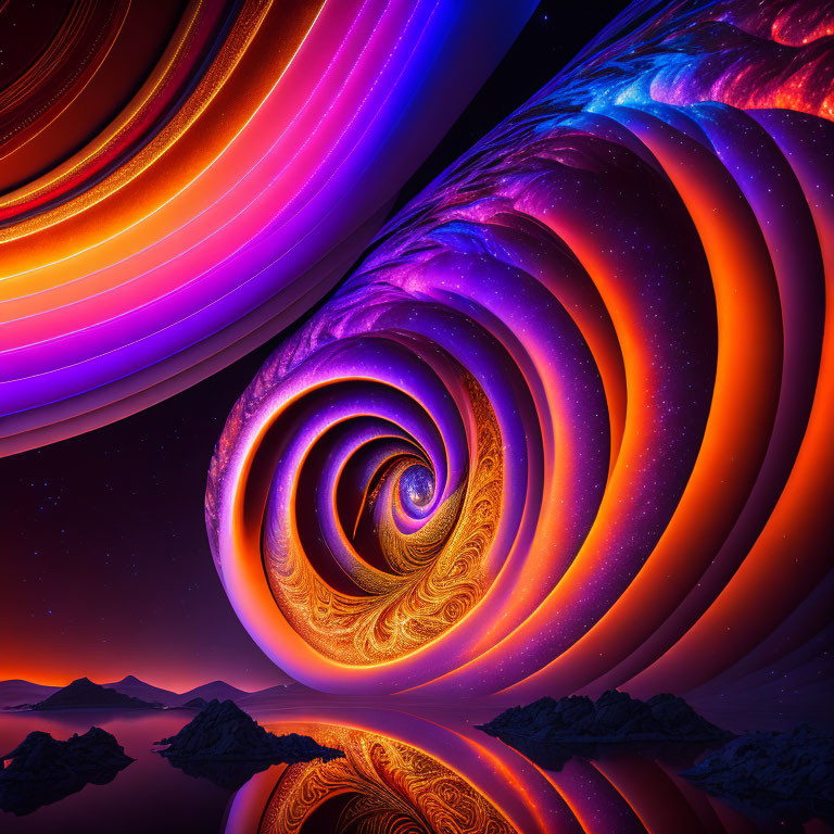 Colorful Spiral Galaxy Artwork Reflecting in Serene Water Scene