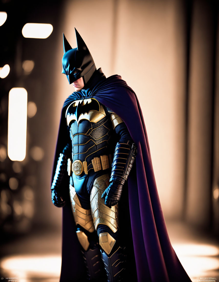 Elaborate Batman costume with cowl, cape, and utility belt on moody backdrop