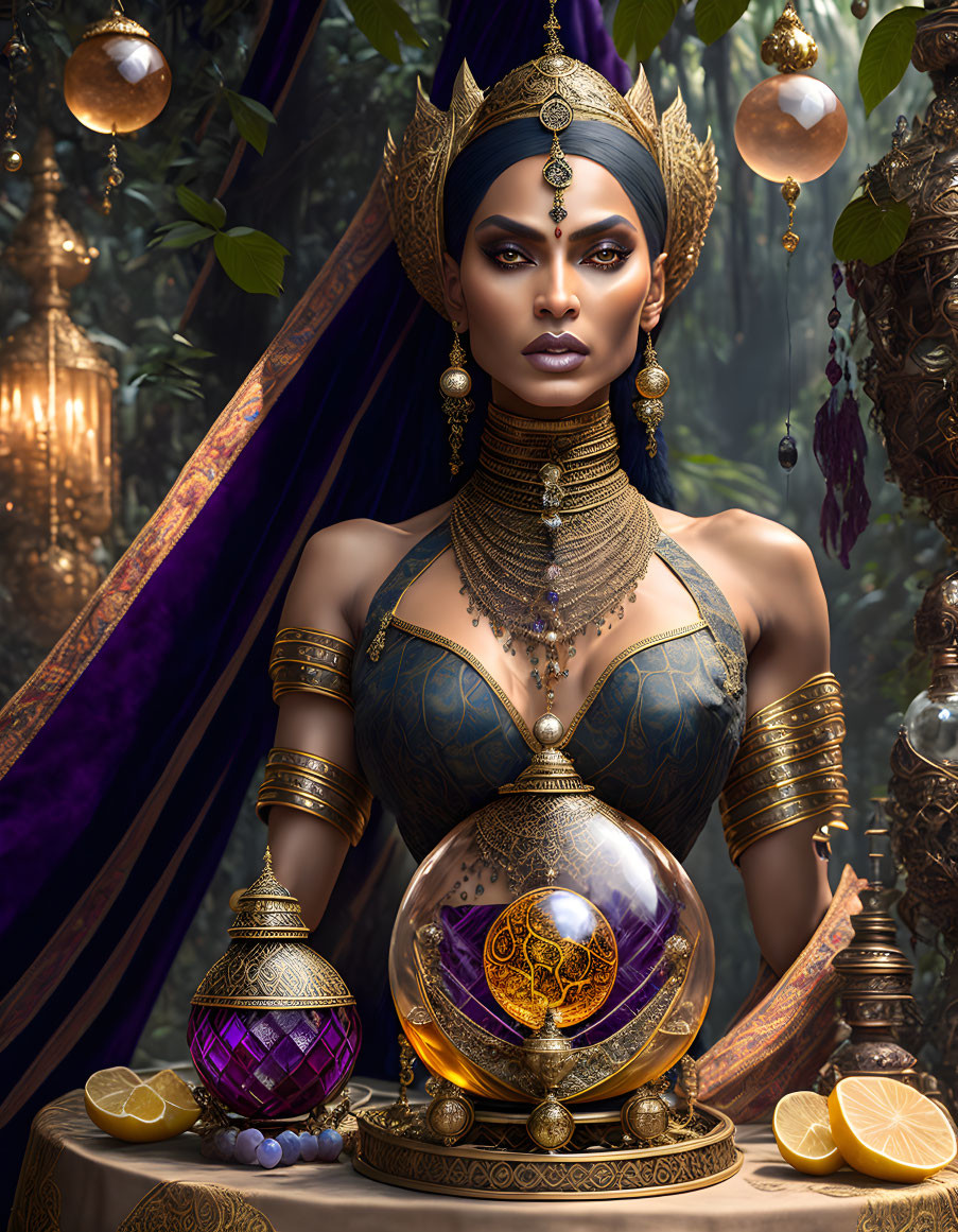 Sophisticated woman adorned in intricate golden jewelry and opulent attire with a mystical orb.