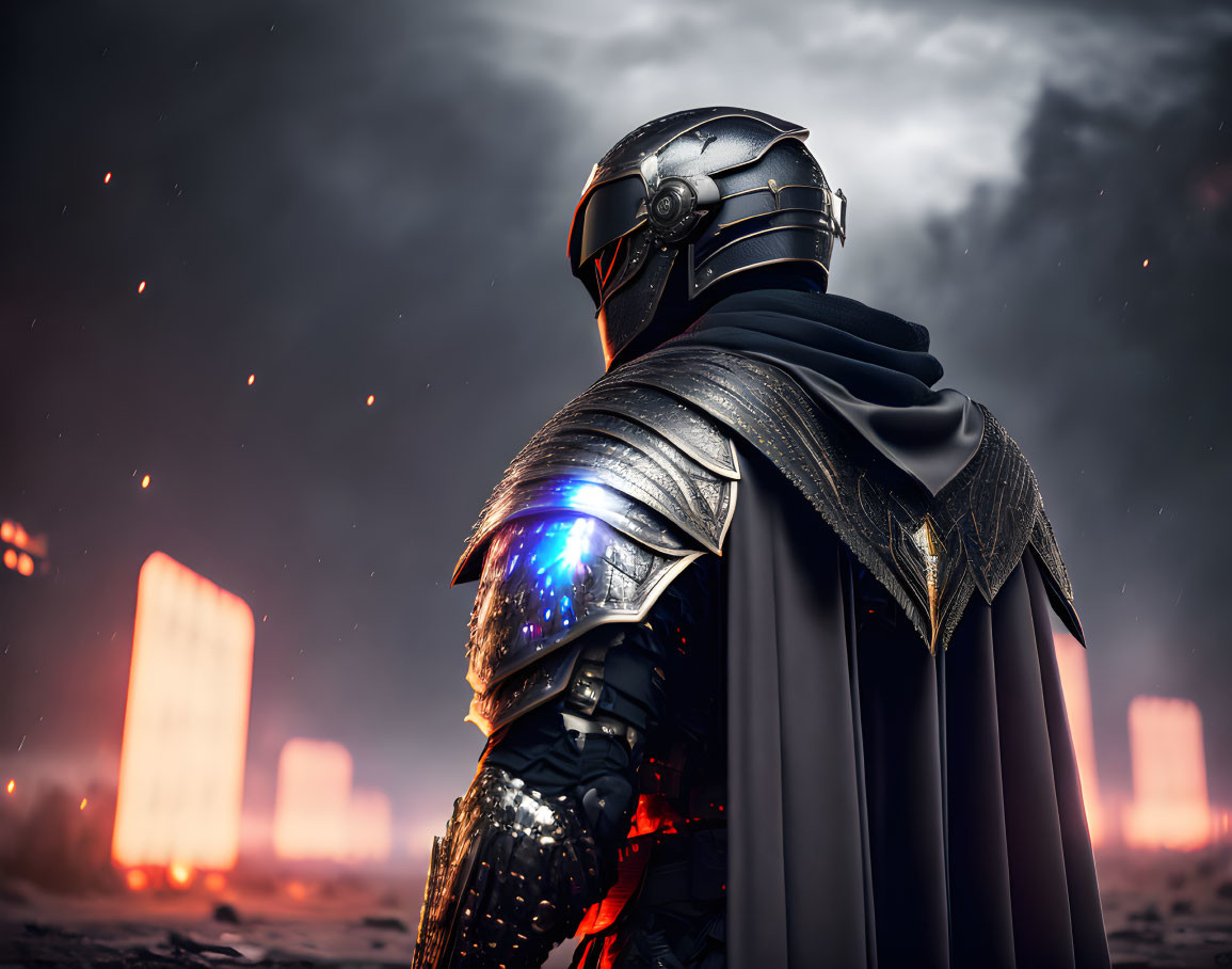 Futuristic knight in glowing armor against apocalyptic backdrop
