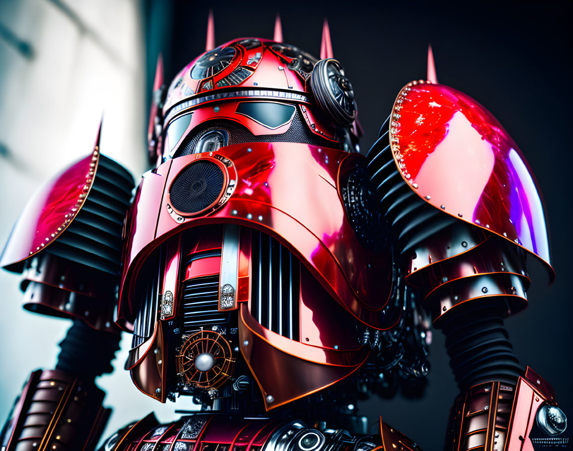 Detailed futuristic robot with shiny red and metallic body and intricate designs