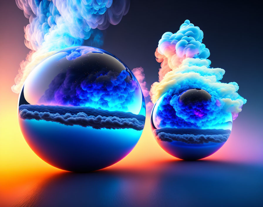 Glossy spheres with layered landscapes and clouds emitting smoke on vibrant gradient background