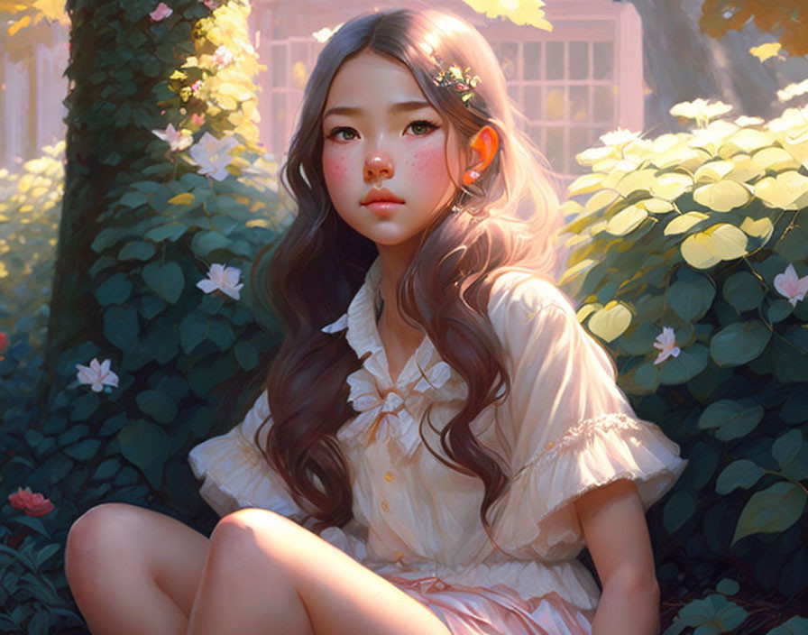 Digital art portrait of young woman with freckles and floral hair, in sunlit garden.