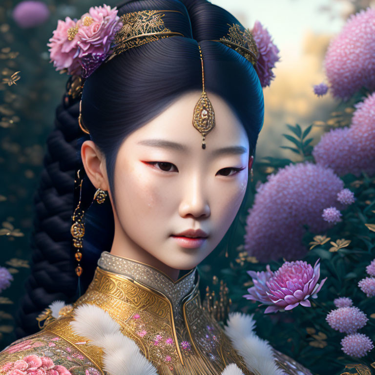 Elegant Woman in Traditional East Asian Attire with Intricate Hair Accessories amid Purple Flowers