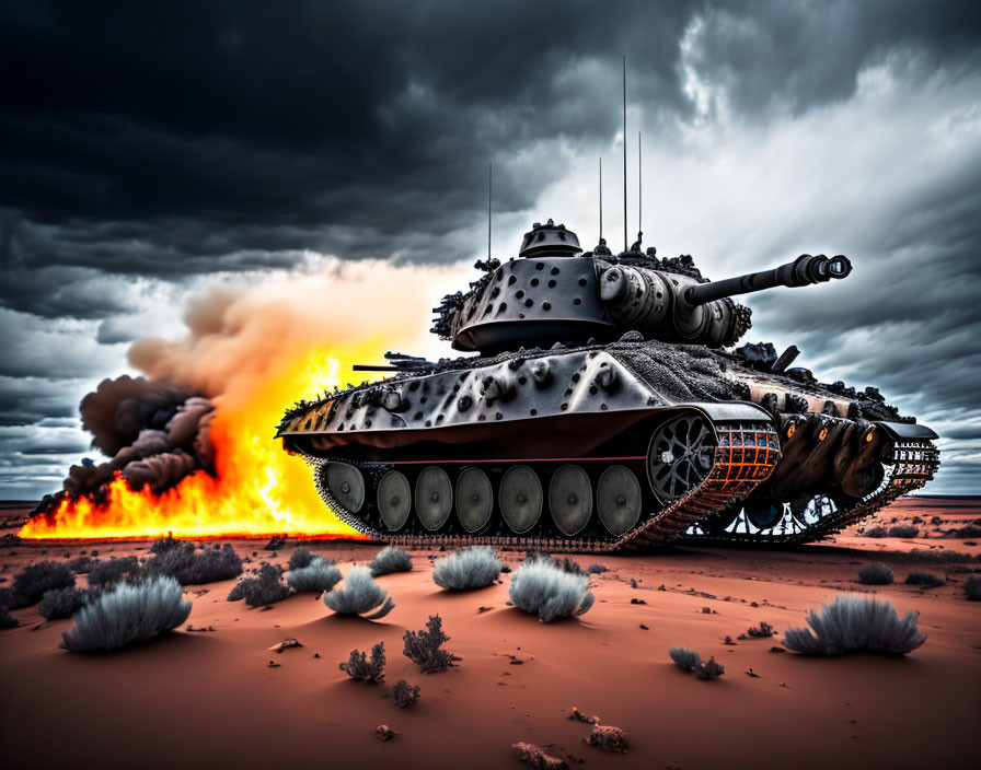 Tank firing cannon in desert under stormy sky