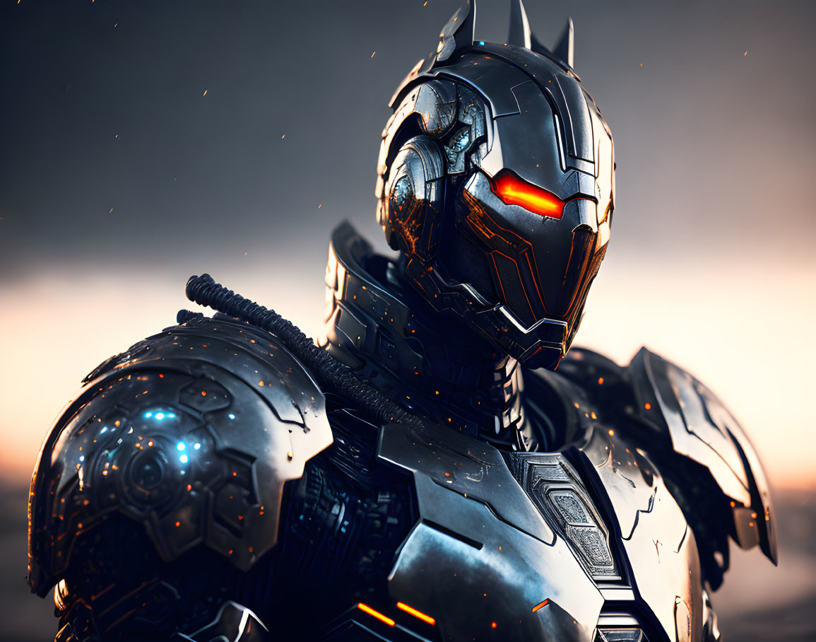 Detailed futuristic robot in armor with glowing orange eyes on dusk sky background