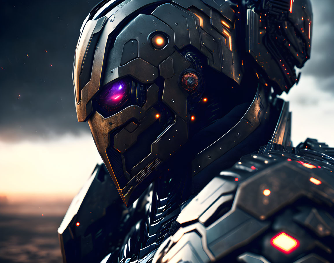 Detailed futuristic robot with glowing purple eye in twilight sky