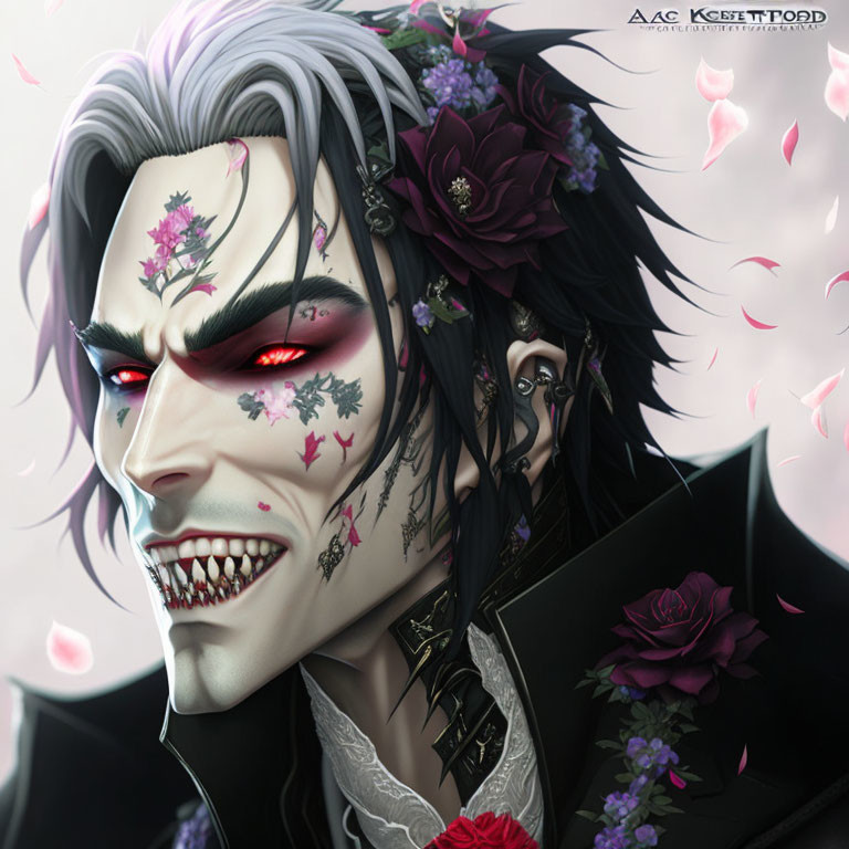 Illustration of vampire with red eyes, sharp fangs, dark attire, and floral accents
