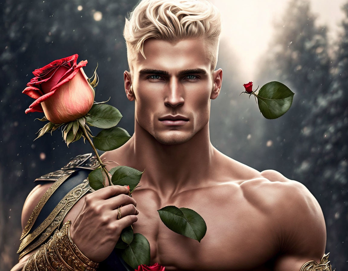 Muscular blond man with blue eyes holding a red rose in snowflakes