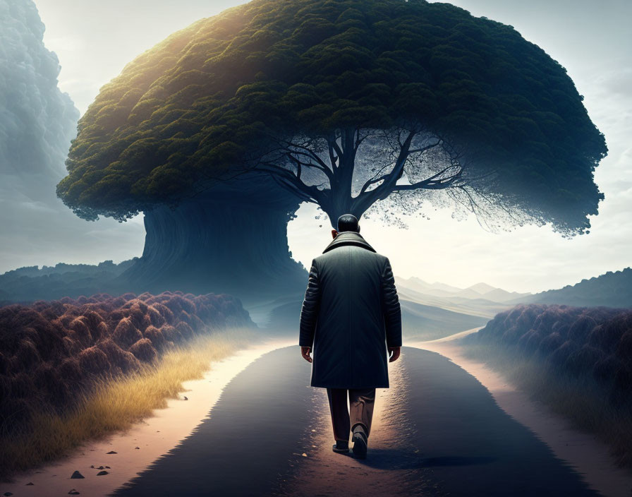 Tree-headed figure walking in surreal landscape symbolizing growth and unity with nature.