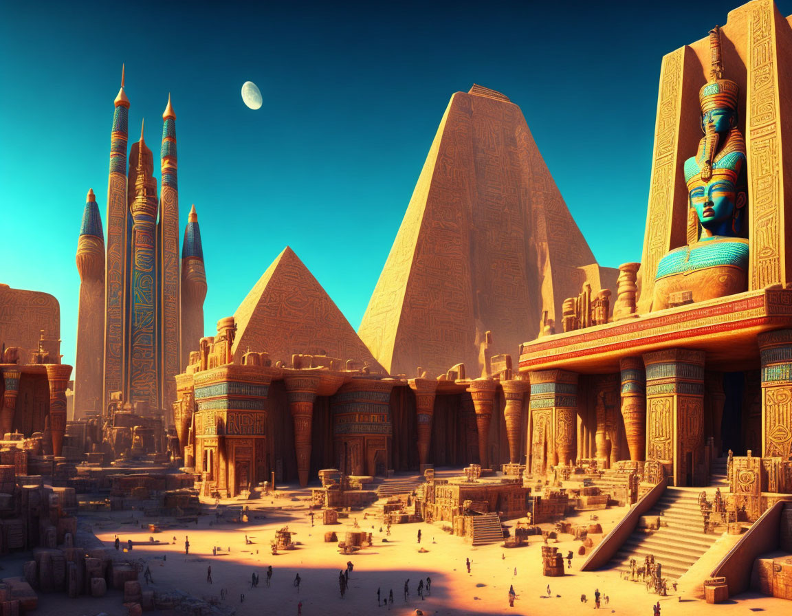 Digital artwork: Ancient Egyptian architecture, pyramids, temples, statues under blue sky with moon