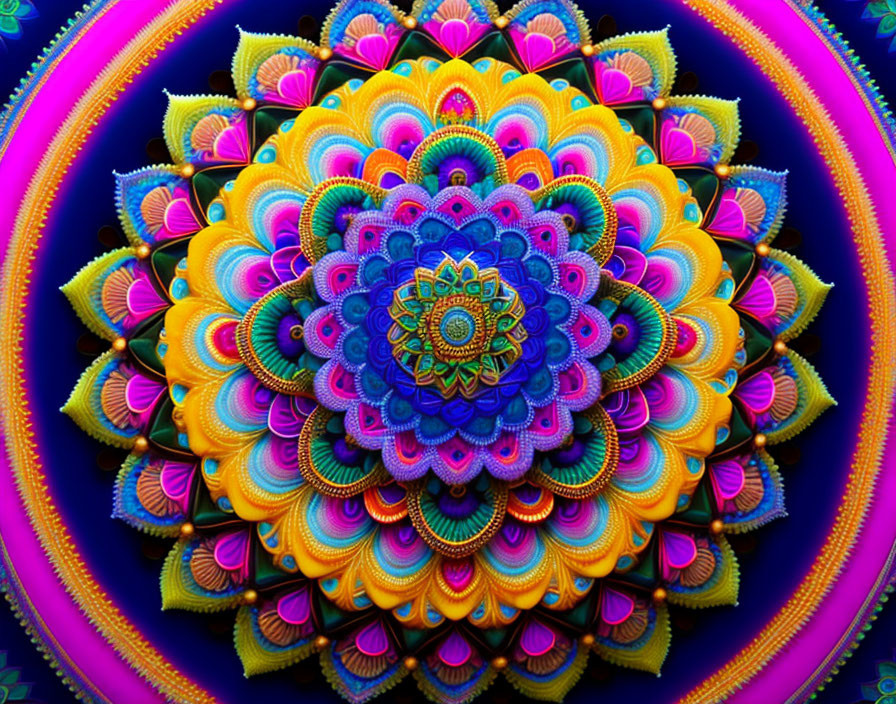 Colorful fractal mandala in vivid blues, purples, greens, and yellows