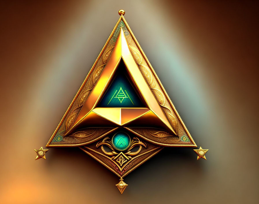 Golden Triangular Emblem with Blue Gemstone and Intricate Engravings
