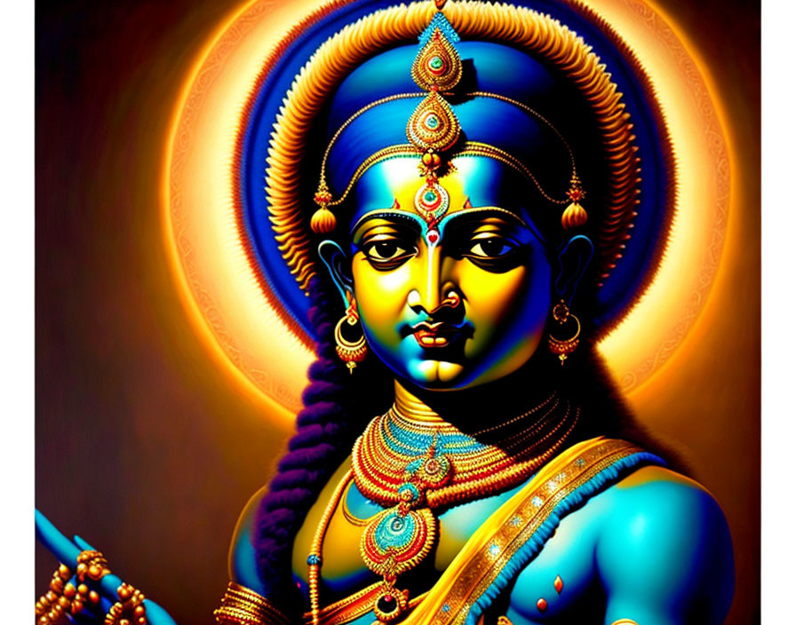 Blue-skinned deity with four arms and halo, adorned with jewelry on dark background